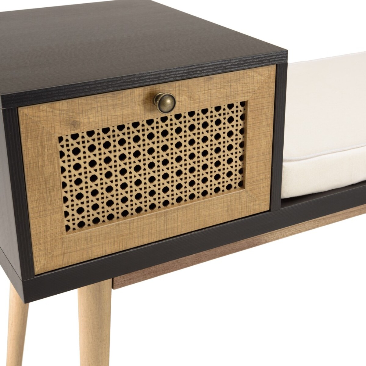 CHARLIE - Banc assise noire 1 tiroir effet cannage marron