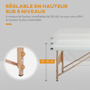 Table de massage pliante 2 zones sac tranport inclus 186L x 60l x 58-81H cm bois synthétique crème