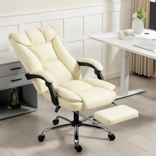 Silla de Escritorio con Reposapiés, Silla de Oficina Giratoria, con Respaldo Reclinable y Alto, Acolchado Grueso Doble, Tapizada en Cuero Sintético Resistente, Altura Ajustable, Beige