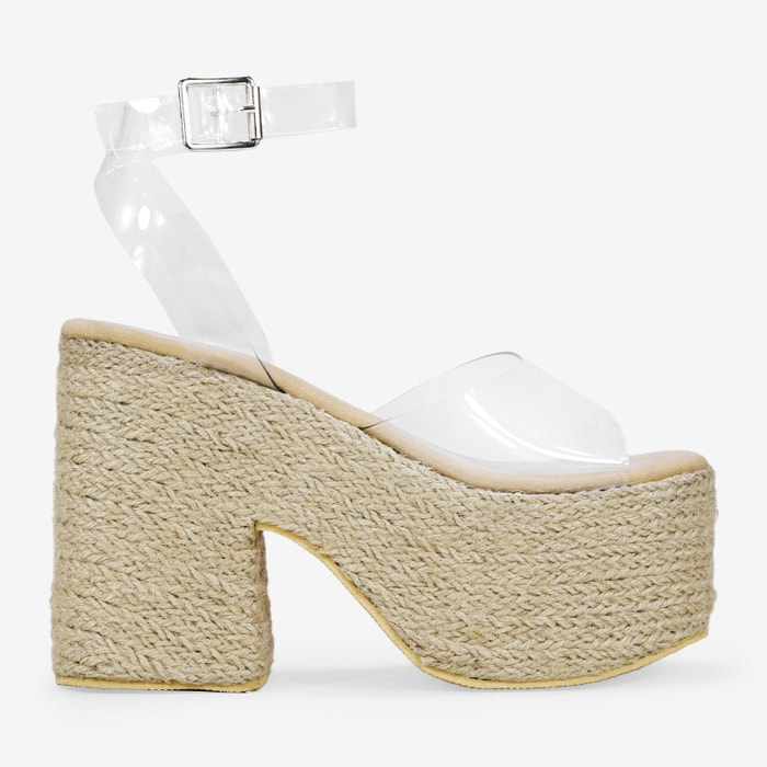 Sandalias transparentes con tacón y plataforma de esparto