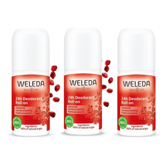 WELEDA - Trio Déodorant roll-on 24H Grenade - 100 % d'origine naturelle - Vegan* - Certifié Natrue** - Roll-on 50 ml x 3