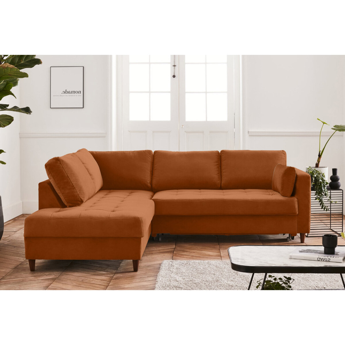 Anna - canapé d'angle gauche - 5 places - convertible - en velours - Rouille