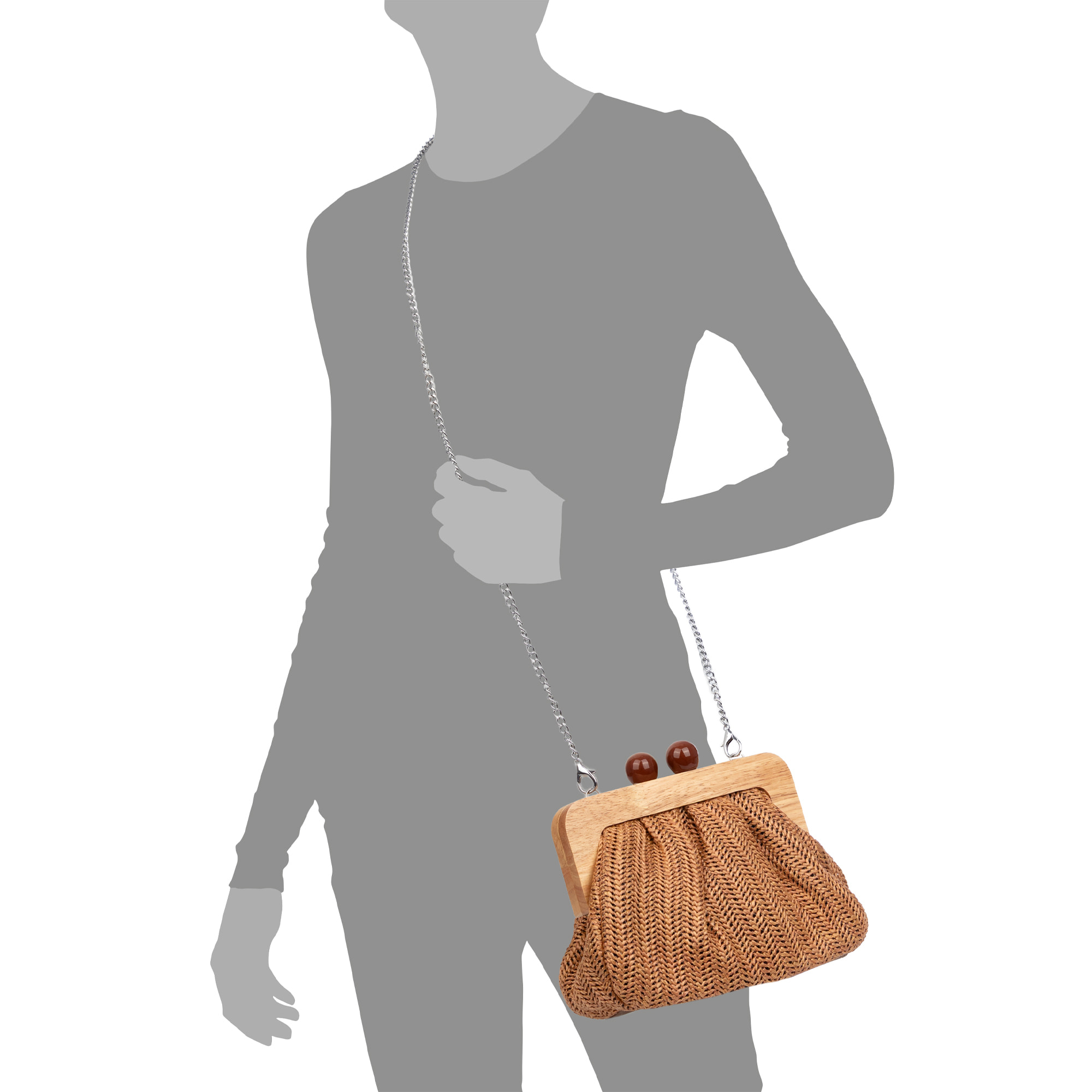 BeneLario Bolso bandolera Mujer. Tela con detalles de madera natural y piel sintética.