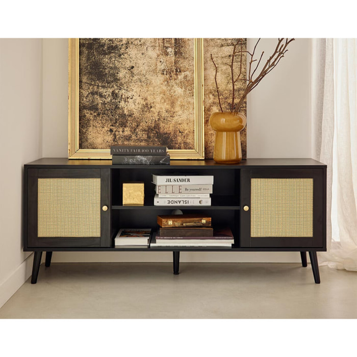 Goto - meuble tv - noir et cannage - 140 cm - Noir