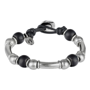 Pulsera plata cuero resina negro Liss negro