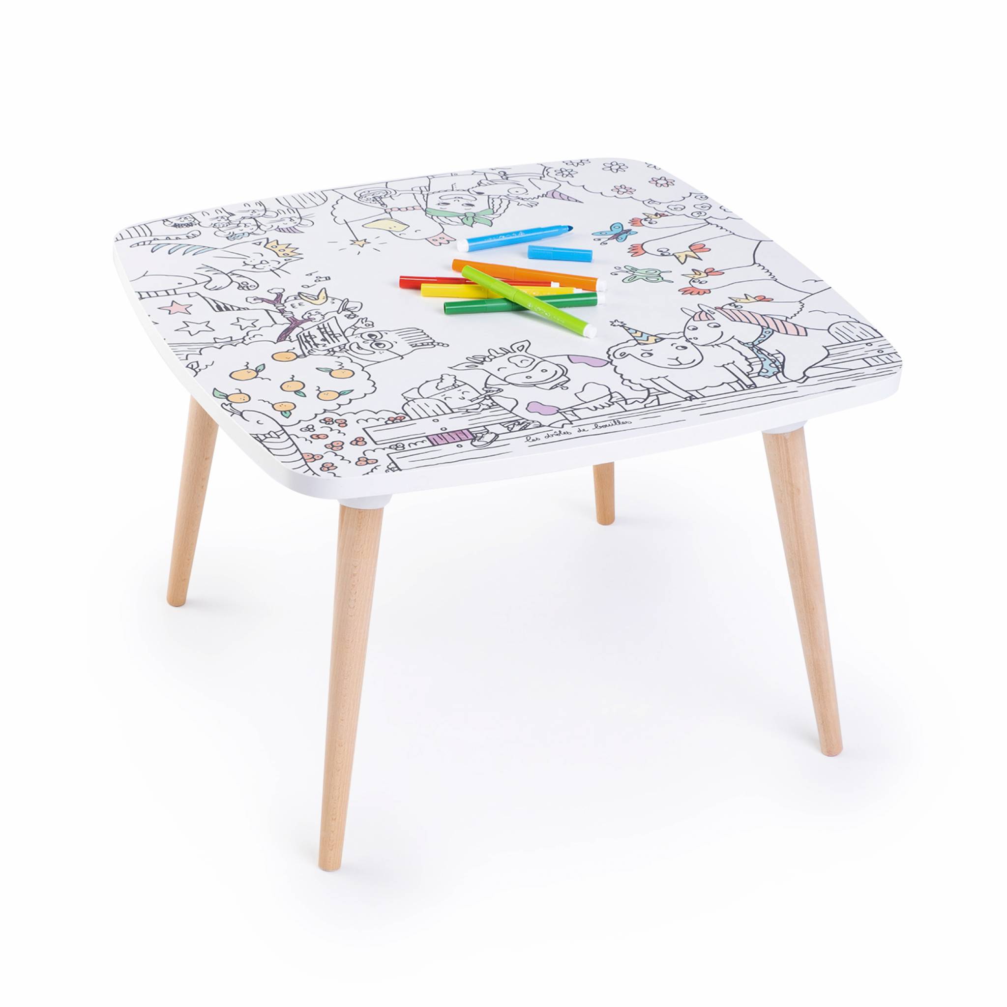 Table enfant à colorier La ferme en folie – Coloritable Les drôles de bouilles. Made in Europe. effaçable. 60x60cm. pieds ronds en bois. feutres fournis