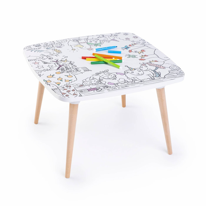 Table enfant à colorier La ferme en folie – Coloritable Les drôles de bouilles. Made in Europe. effaçable. 60x60cm. pieds ronds en bois. feutres fournis