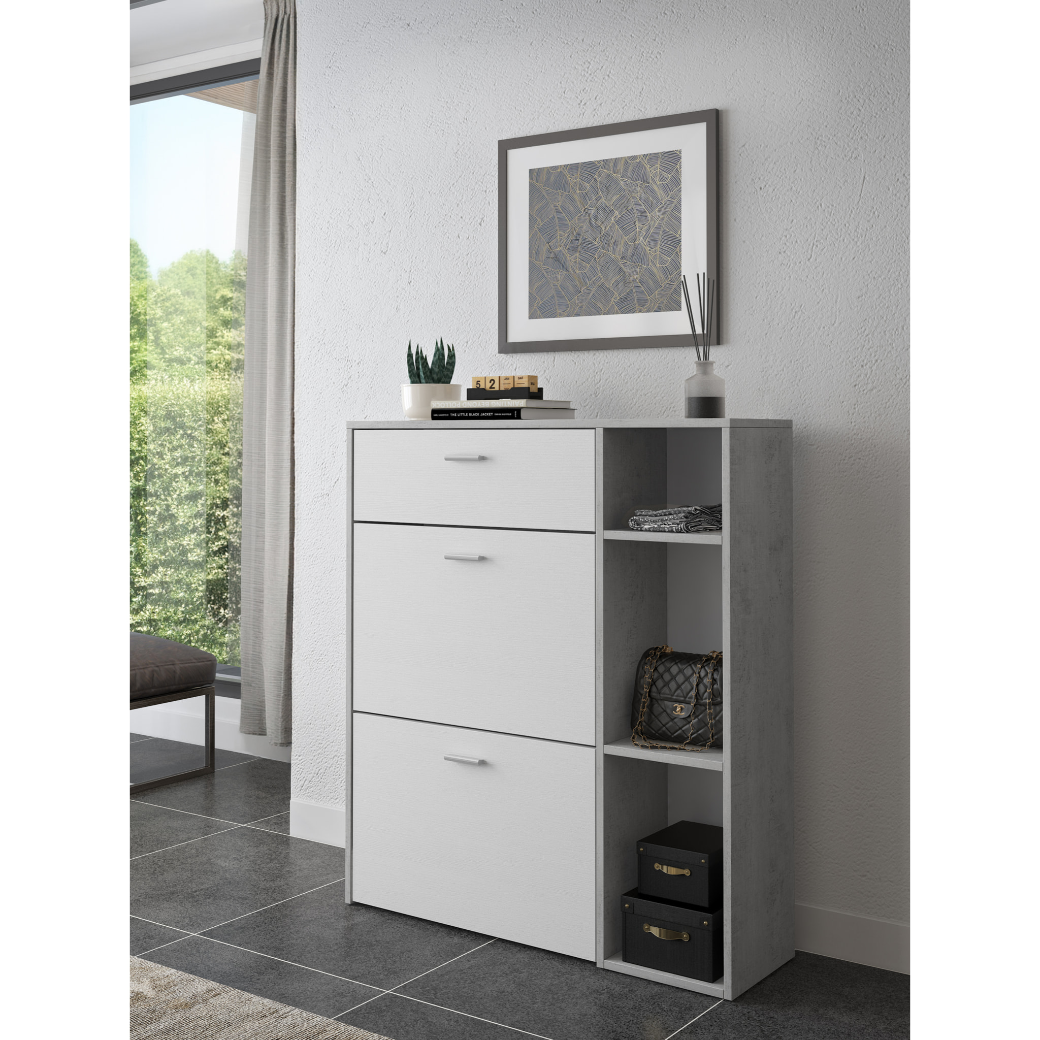 Scarpiera Mobile Portascarpe Salvaspazio Ingresso Con 2 Ribalte Doppia Profondità 1 Cassetto 3 Vani A Giorno 90x101.5x26 Cm Bianco Grigio Cemento