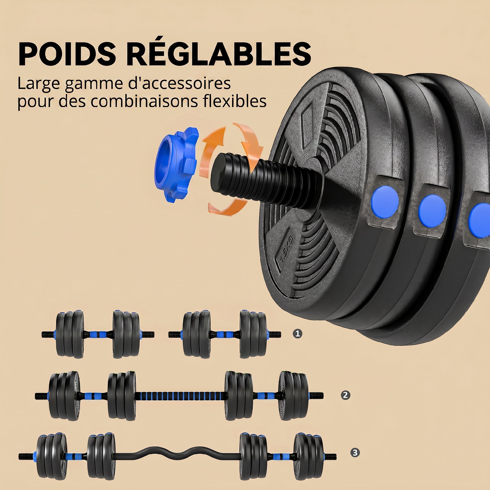 Ensemble d'haltères musculation multifonction 3 en 1 - haltères, Olympic barre, Curl EZ barre - total 25Kg - PVC bleu noir