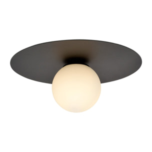 Lampada a sospensione Solar con base in acciaio nero e vetro opalino