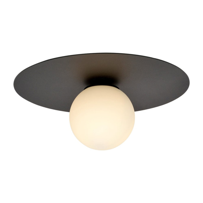 Lampada a sospensione Solar con base in acciaio nero e vetro opalino