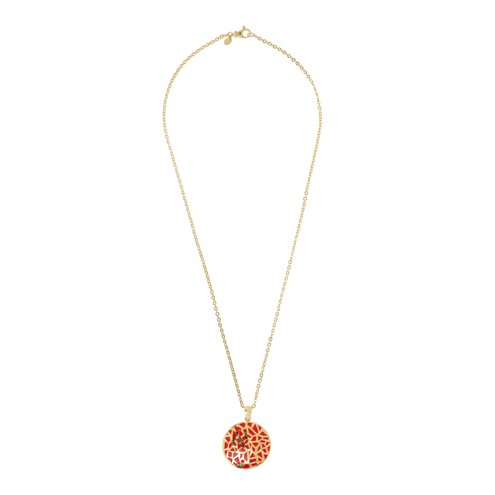 Collana Lunga Catena Forzatina con Pendente Rosso Tondo Smaltato e Traforato