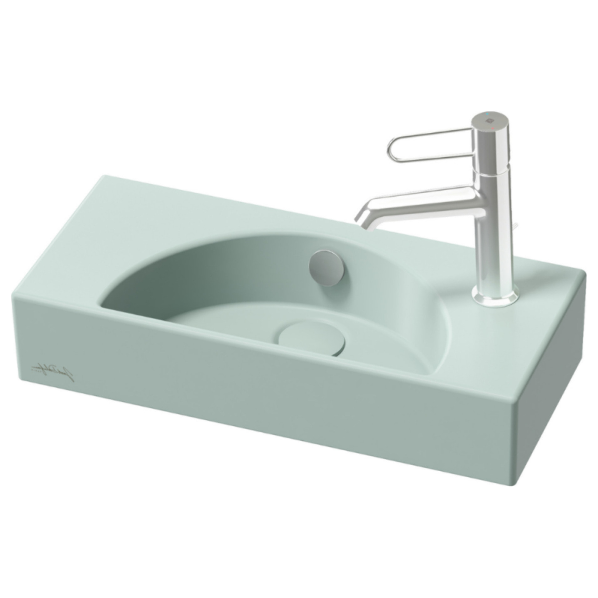 Lave-mains compact 50 cm Odéon Rive Gauche 1 trou de robinetterie à droite Amande satiné avec bonde