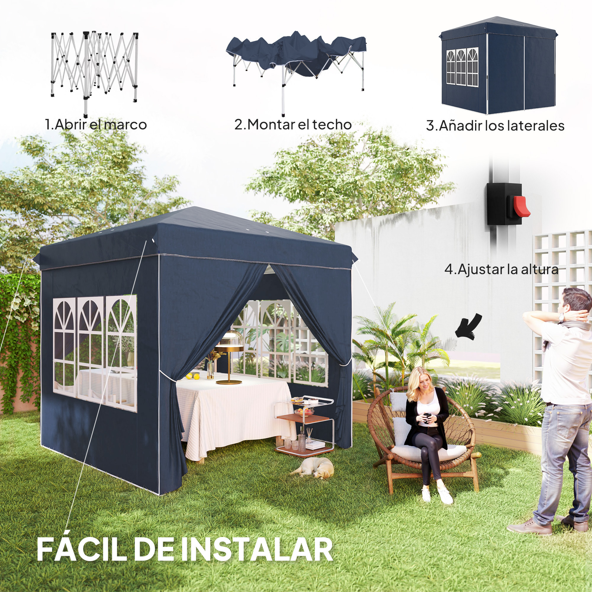 Carpa Plegable Pop-up Gazebo 2,5x2,5 m Cenador Plegable con 4 Paredes Laterales Anti-UV Altura Ajustable y Bolsa de Transporte para Camping Fiestas