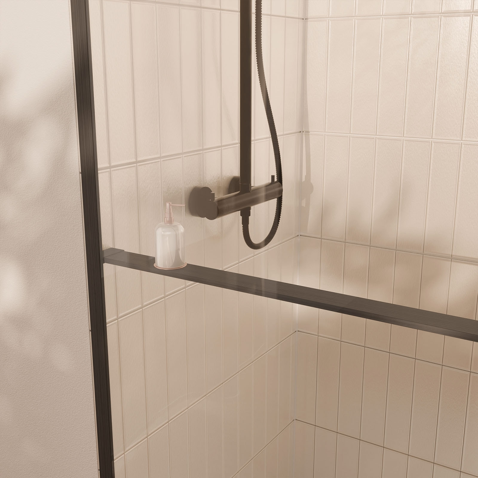 Paroi de douche 100x200cm - Cadre et étagère noir mat - Verre 8mm anticalcaire - ETHAN