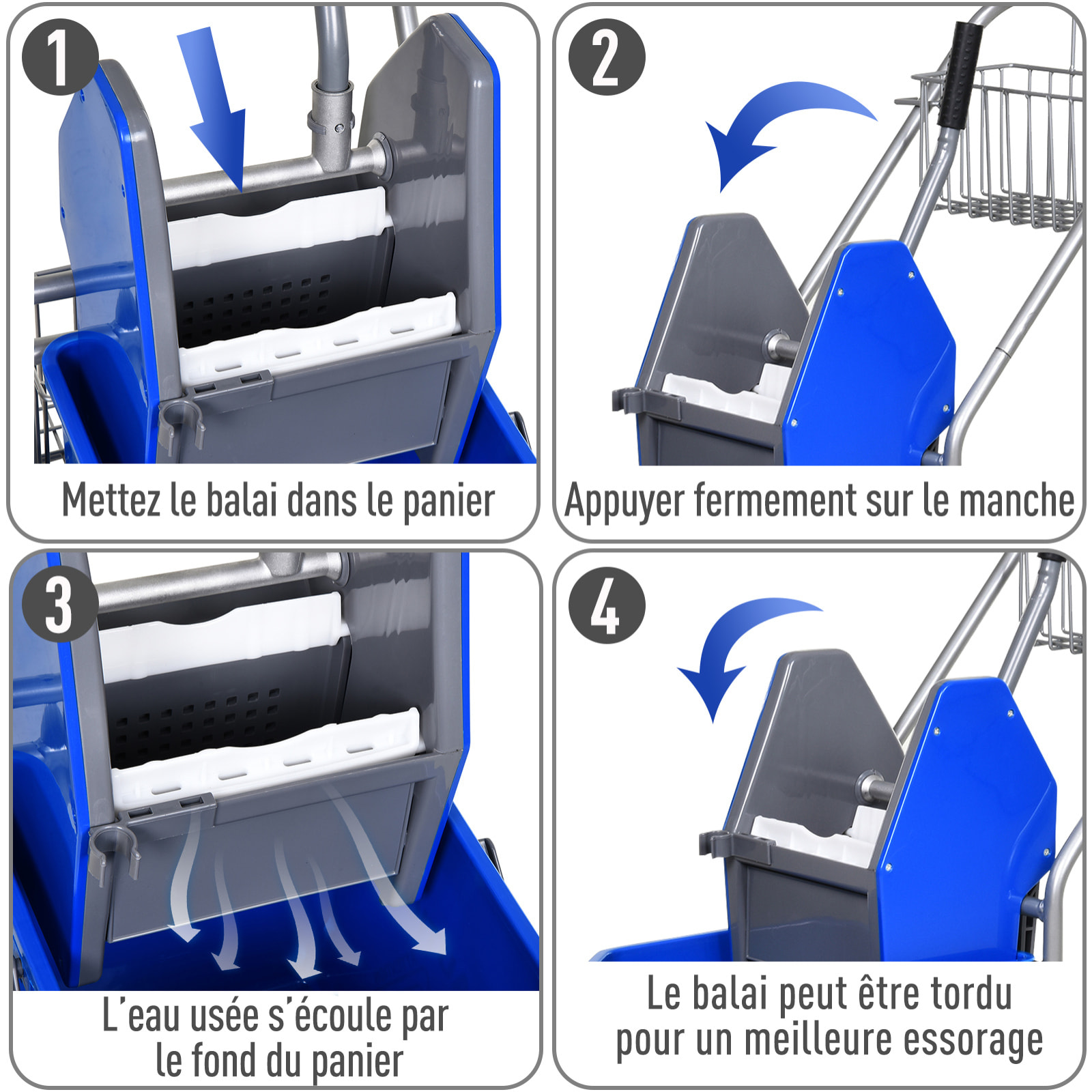 Chariot de lavage chariot de nettoyage professionnel en acier presse à mâchoire seau + rangements bleu