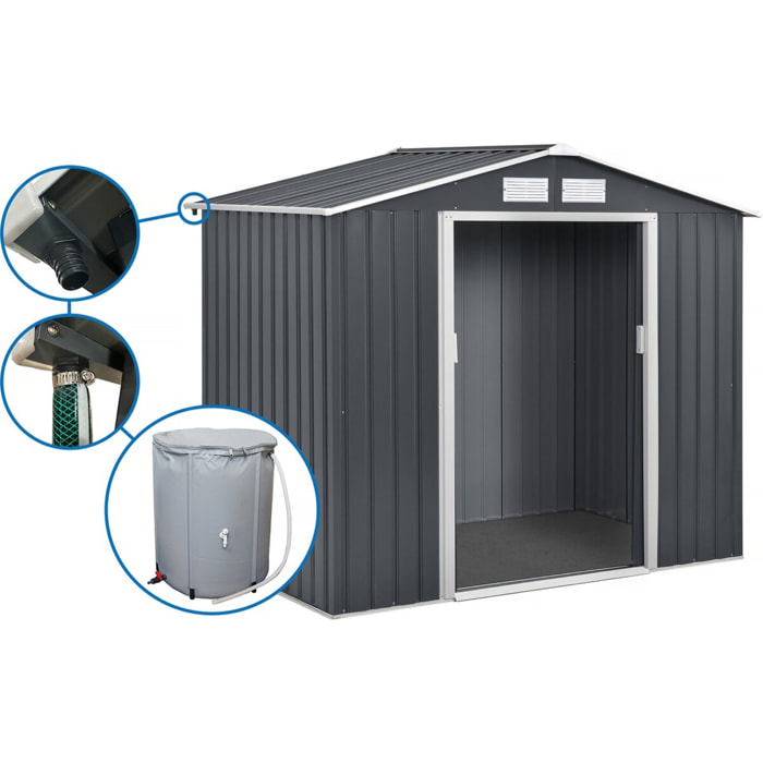 Abri de jardin métal- "Vegas"- 2,7 m² avec gouttière et récupérateur d'eau - Gris