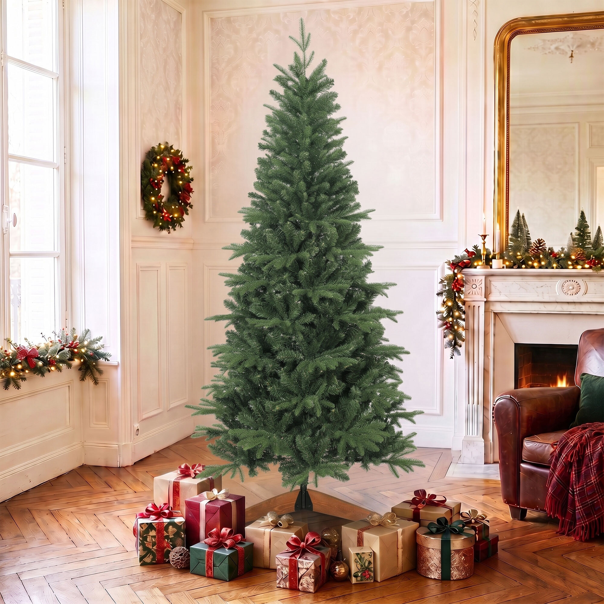 Sapin de Noël artificiel touffu grande taille H.180 cm épicéa piètement bois