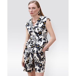 Top in popeline con stampa a foglie di pappagallo e scollo a V