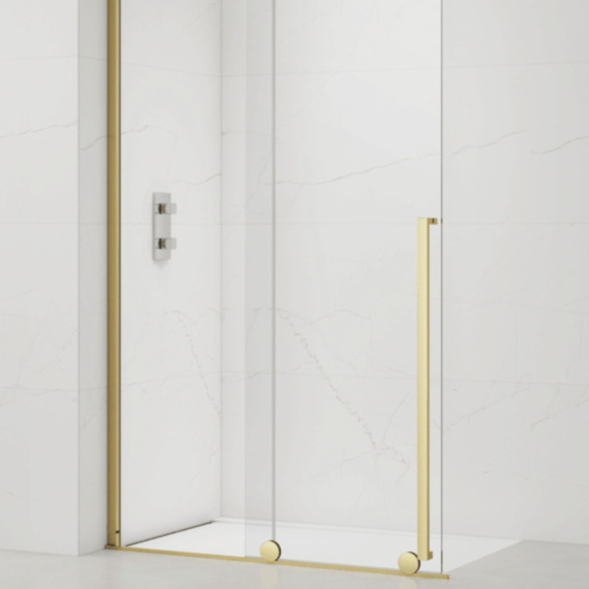 X-MOTION 140x200cm Paroi en verre coulissante Crystal Glass® 8 mm anticalcaire, avec bras et profilés Or brillant (SATBWIXM140Z)