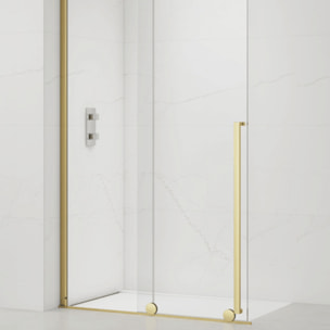 X-MOTION 140x200cm Paroi en verre coulissante Crystal Glass® 8 mm anticalcaire, avec bras et profilés Or brillant (SATBWIXM140Z)