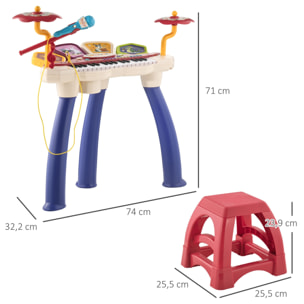 Jouet musical piano électronique batterie 2 en 1 - tabouret, micro et support - clavier 32 touches, effet lumineux, nombreux modes - PP multicolore