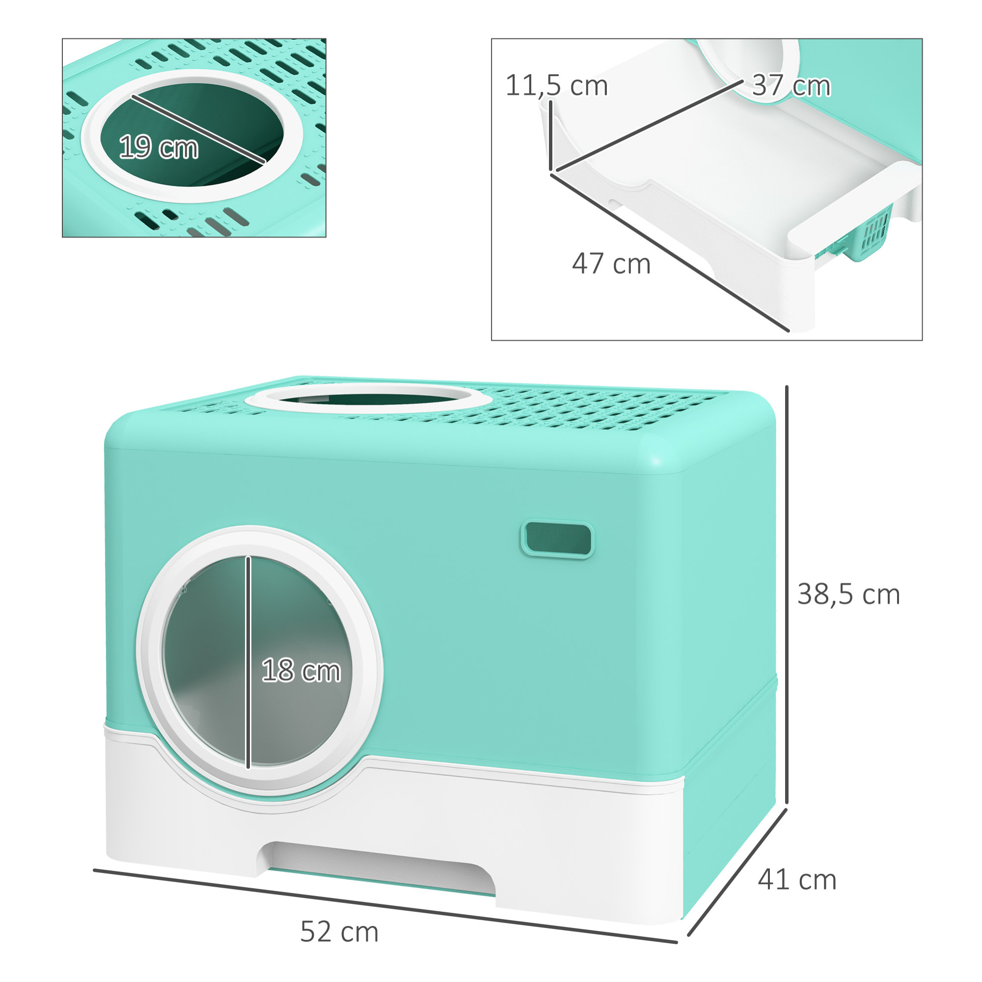 PawHut Arenero para Gatos Inodoro para Mascotas con Pala Bandeja Extraíble 2 Puertas Entrada Principal y Salida Superior 52x41x38,5 cm Verde