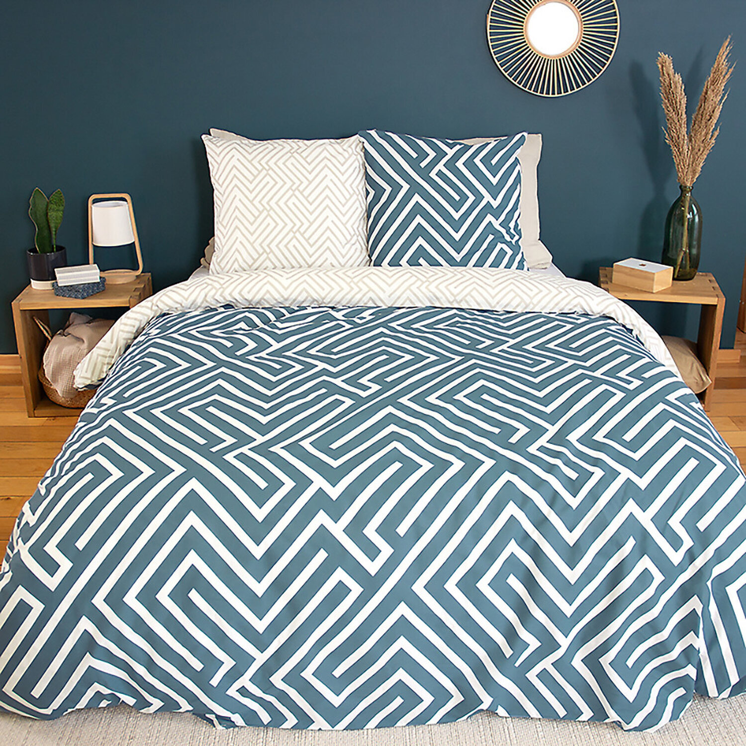 Parure de lit 100% coton motif parchemin - bleu