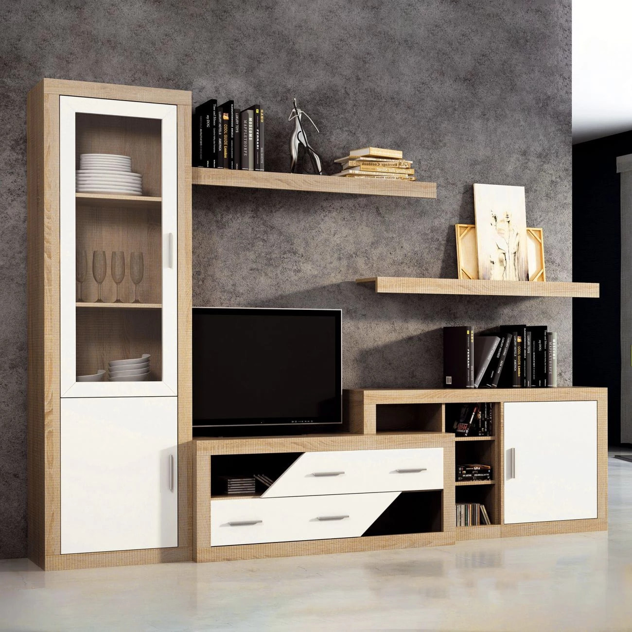 Salón modular con gran capacidad de almacenaje en cambria y blanco 280 cm Nuka V6 Cambria - Blanco