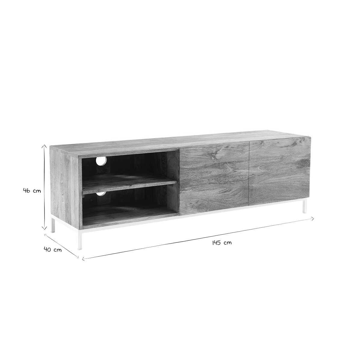 Meuble TV en bois manguier massif et métal blanc 145cm BOHO