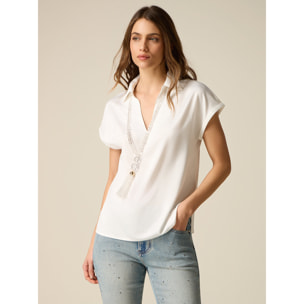 Oltre - T-shirt bimaterica con scollo a V - Bianco