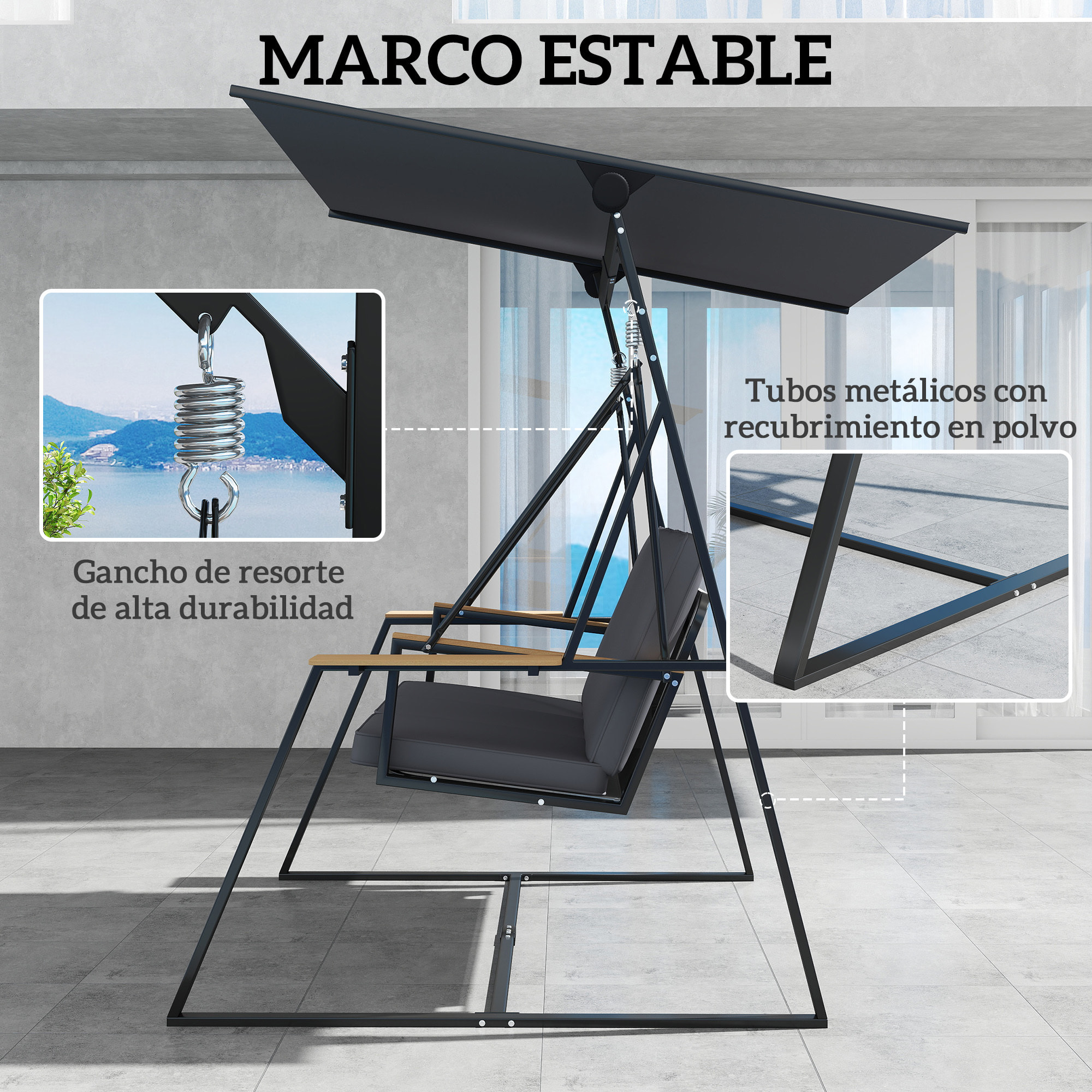 Columpio de Jardín de 3 Plazas, Balancín de Jardín Exterior con Techo Ajustable UPF50+, 2 Bandejas, Cojines y Marco de Metal, para Balcón, Terraza, Patio, Carga 360 kg, 222x131x175 cm, Gris