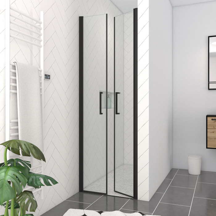 Porte de Douche Double Battant 70x200cm - Verre Trempé Transparent 6mm - Profil Noir Mat