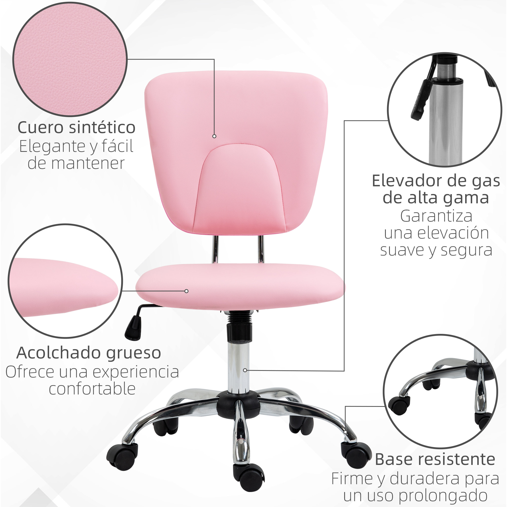 Silla de Oficina Silla de Escritorio Giratoria de Cuero PU con Altura Ajustable y Función de Inclinación para Salón Dormitorio Estudio Carga 120 kg 50x54x87,5-96,5 cm Rosa