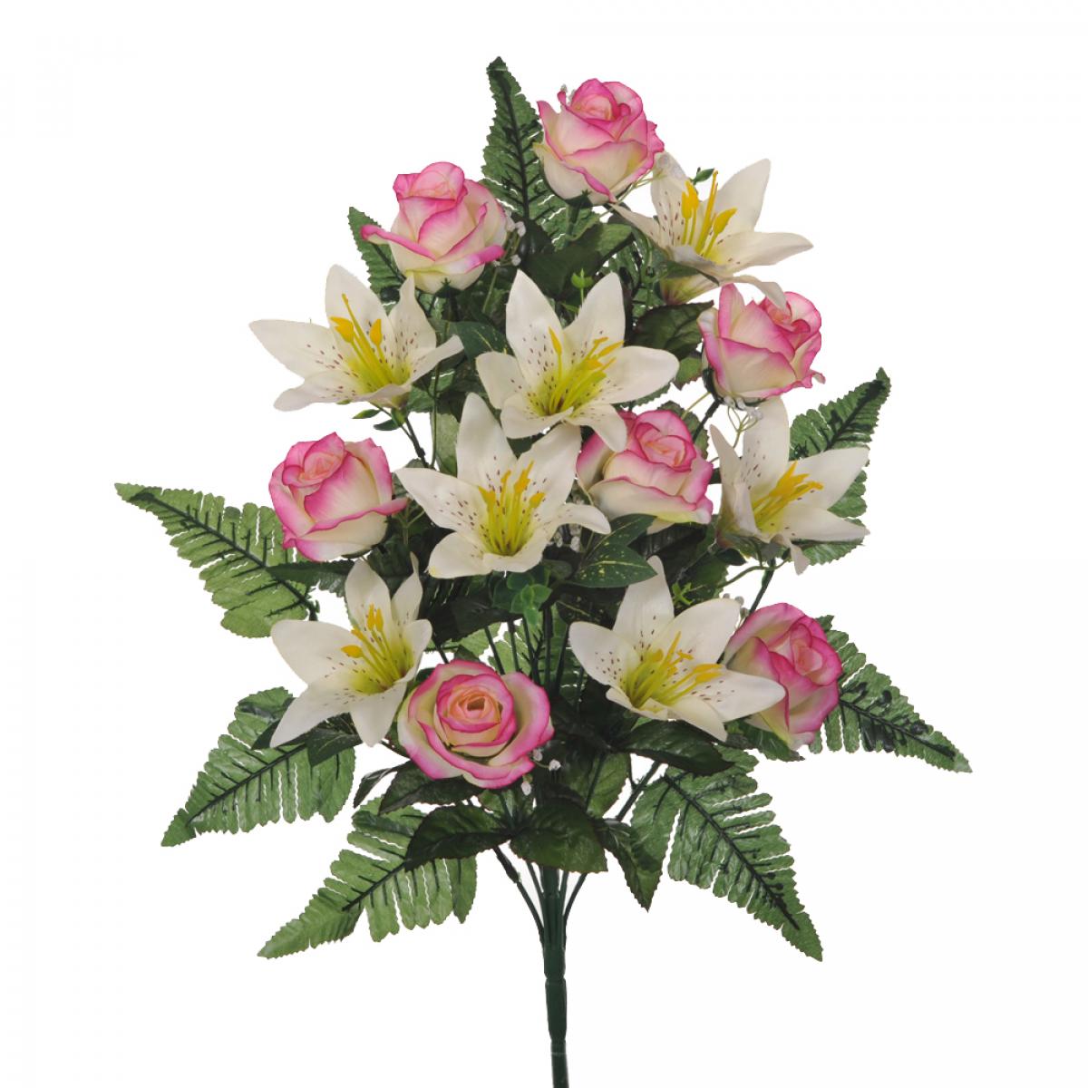 Bouquet Frontale Composto Da 14 Rose E Lilium. Altezza 55 Cm - Pezzi 3 - 34X55X14cm - Colore: Rosa - Bianchi Dino - Fiori Artificiali