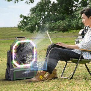 Ventilatore A18 con motore senza spazzole, LED con 36 luci, 4 velocità, 3 livelli di luce e timer. Angolo regolabile di 90° con gancio per appendere e powerbank da 10000 mAh.