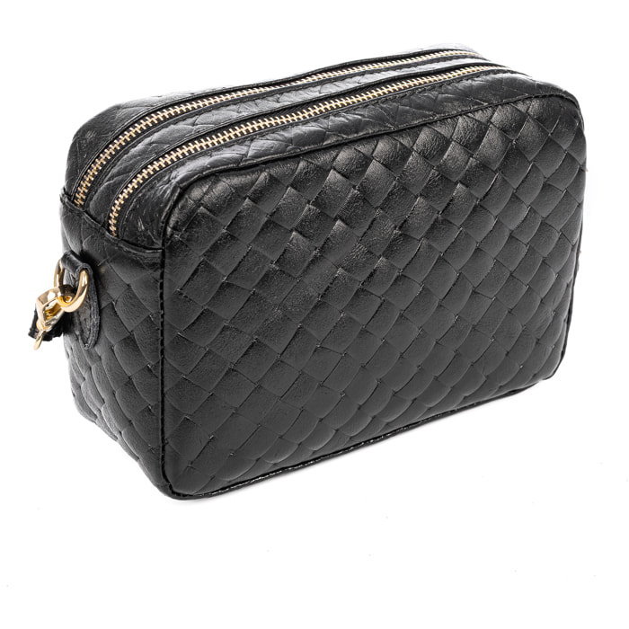 Degna bolso bandolera mujer. Piel auténtica Gamuza con grabado entrelazado y lacada brillante.