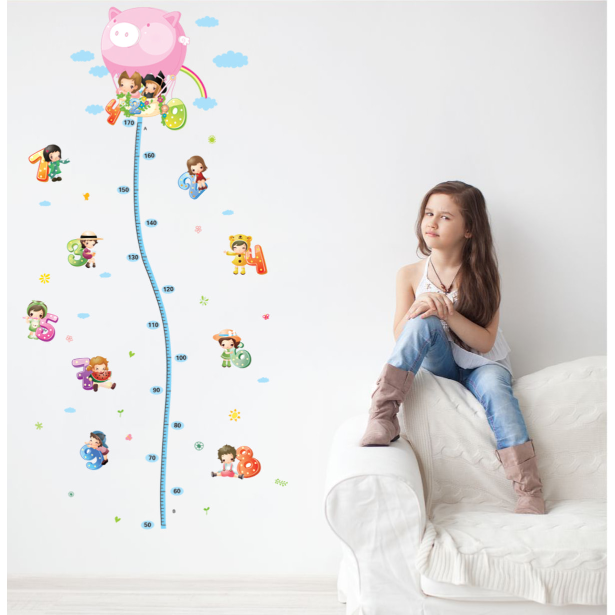 Stickers Muraux décoration adhésifs toise Montgolfière avec petits enfants