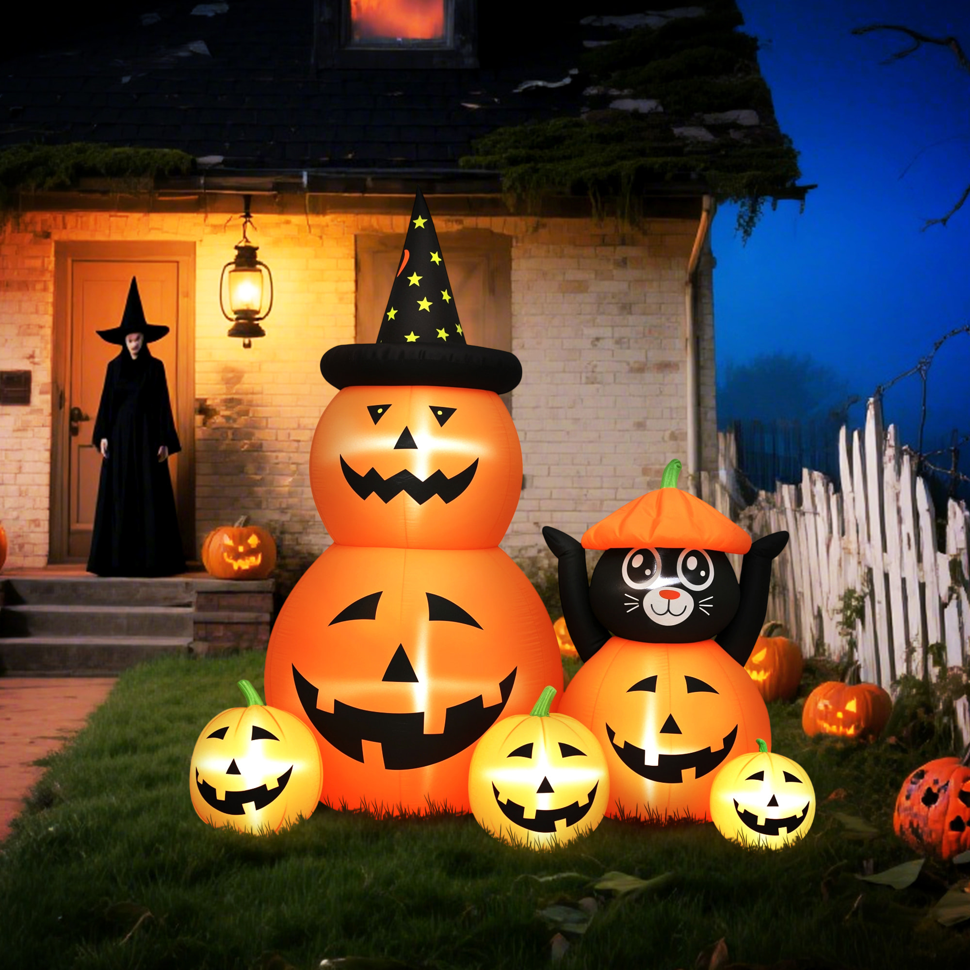 Calabaza Inflable de Halloween con Gato de 6 Pies, Decoración de Halloween con Luces LED, IP44 e Inflador, para Jardín, Fiestas, Exterior, 160x100x180 cm, Naranja