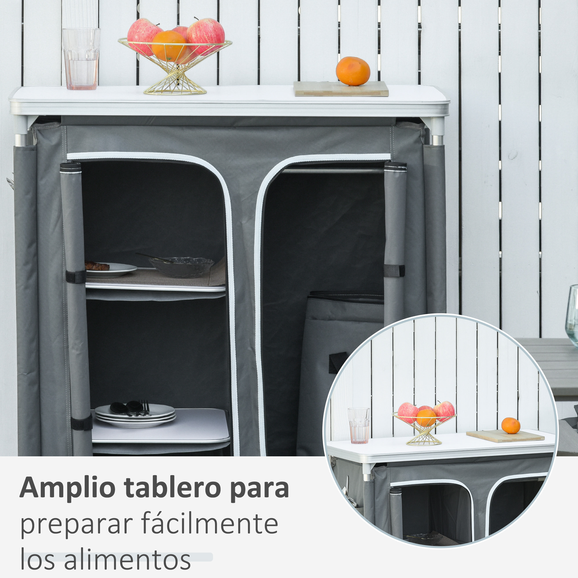 Armario de Camping Plegable Mueble de Cocina para Camping con 3 Estantes Compartimento Puerta con Cremallera Estructura de Aluminio y Bolsa de Transporte para Exterior 96x49,5x104 cm Gris