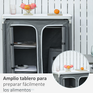 Armario de Camping Plegable Mueble de Cocina para Camping con 3 Estantes Compartimento Puerta con Cremallera Estructura de Aluminio y Bolsa de Transporte para Exterior 96x49,5x104 cm Gris