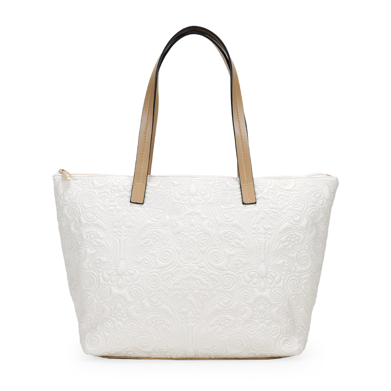 Bolso shopper beige con bordado floral y cremallera