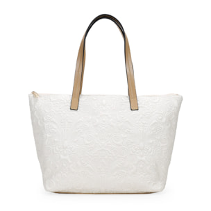 Bolso shopper beige con bordado floral y cremallera