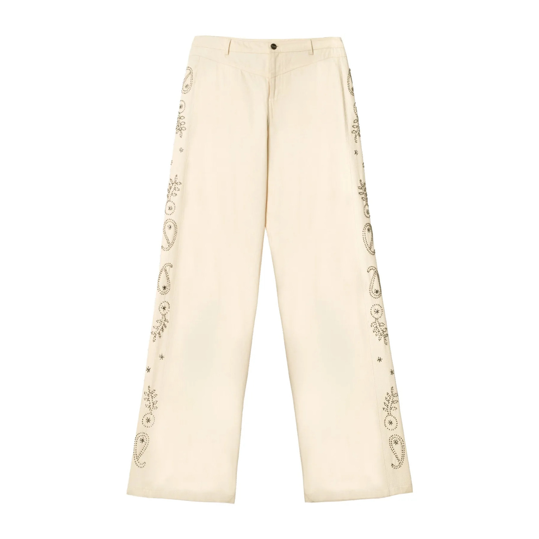 Pantalón recto de sarga ligera con bordados laterales de mujer