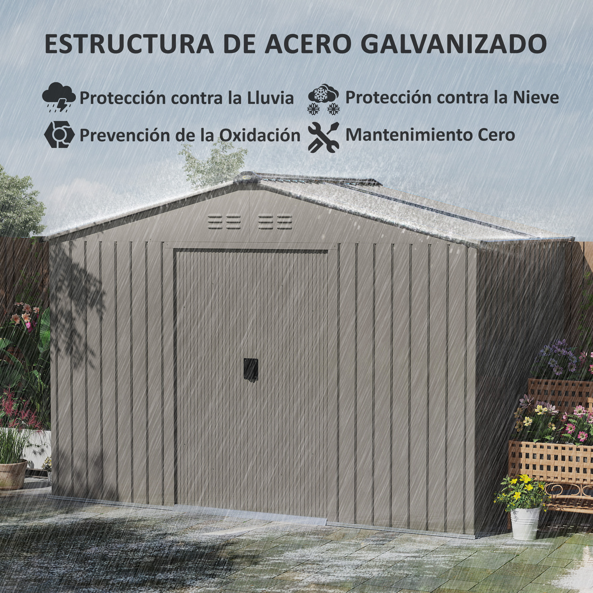 Caseta de Jardín Exterior 4,9 m² 277x195x192 cm Cobertizo de Jardín Exterior con Puerta Corredera Techo de Fibra de Vidrio Base Refuerzo (Suelo NO Incluido) y 4 Ventanas Gris Plata