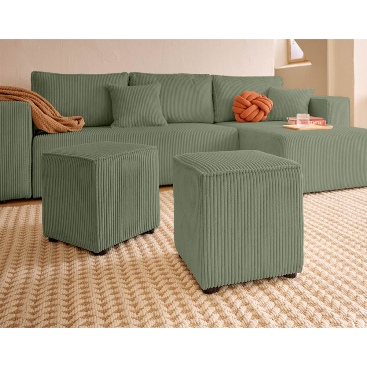 Topaze - canapé d'angle réversible 4 places - convertible avec coffre, tablette et poufs - en velours côtelé - Vert sauge