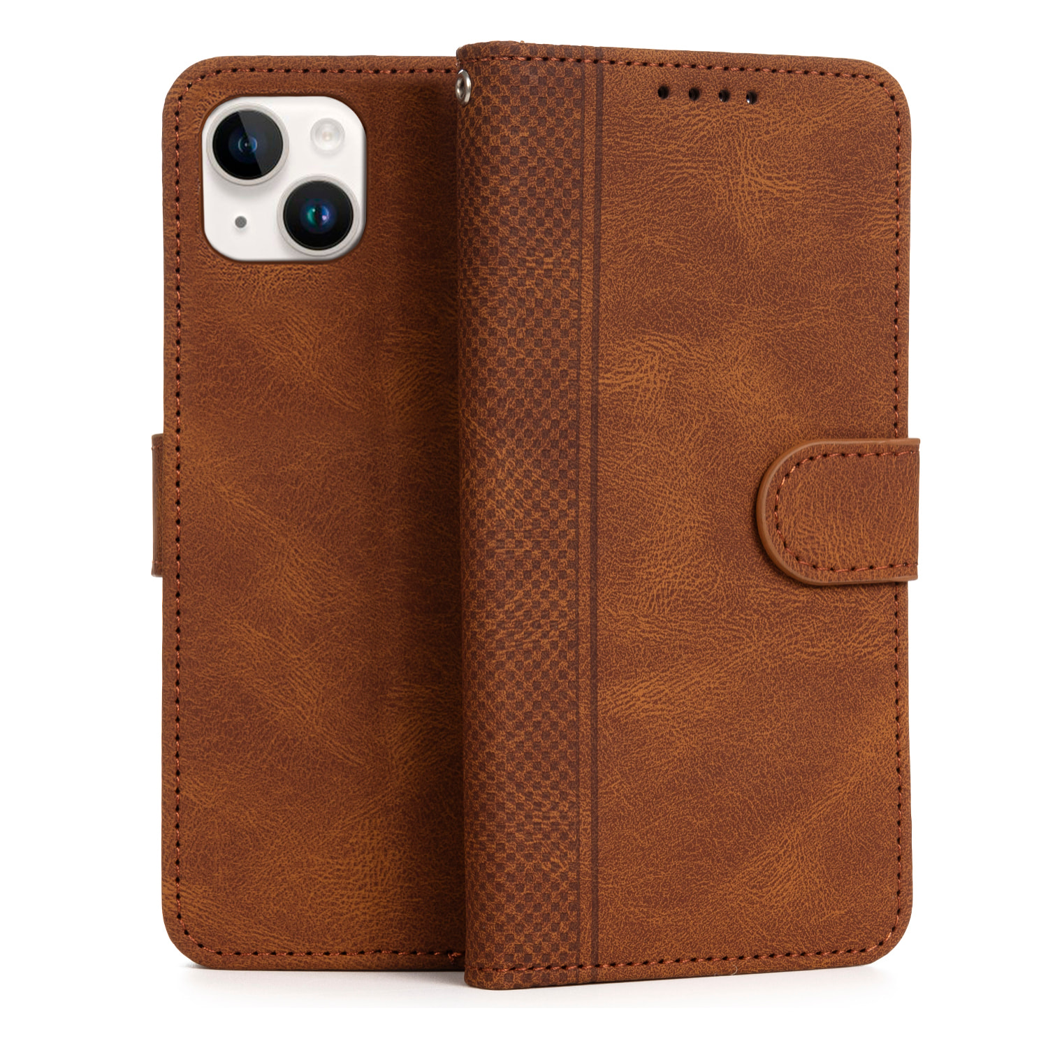 Custodia antiurto a libro in similpelle per iPhone 15 Plus. Portacarte interno, cinturino da polso removibile.