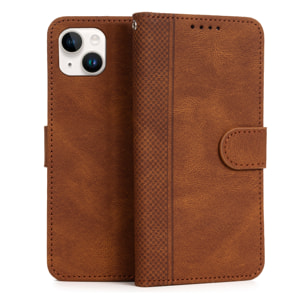 Custodia antiurto a libro in similpelle per iPhone 15 Plus. Portacarte interno, cinturino da polso removibile.