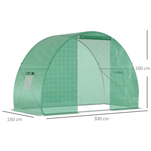 Serre de jardin tunnel surface sol 4,5 m² dim. 3L x 1,5l x 2H m châssis tubulaire renforcé porte zippée 2 fenêtres enroulables vert