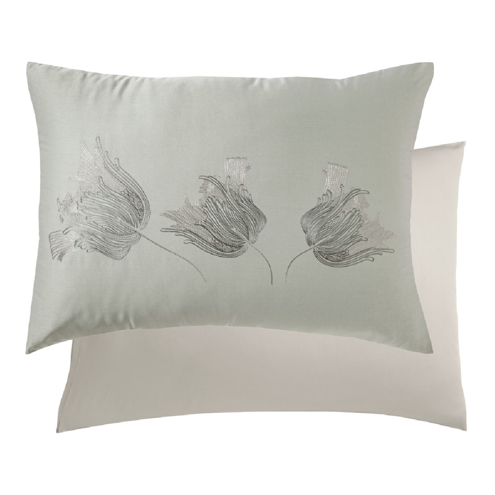 Taie d'oreiller satin de coton brodé vert Tulipes jade